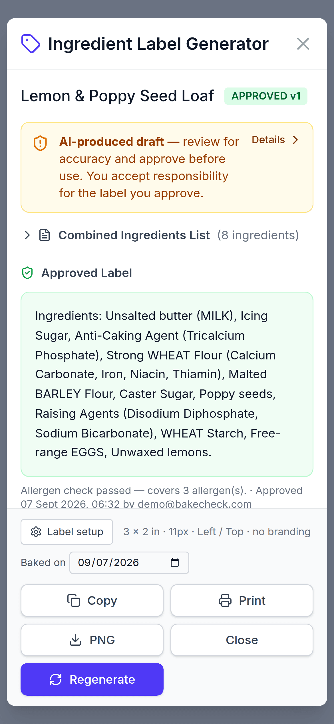 An approved ingredient label on a phone, with the allergen check passed and the approval timestamped
