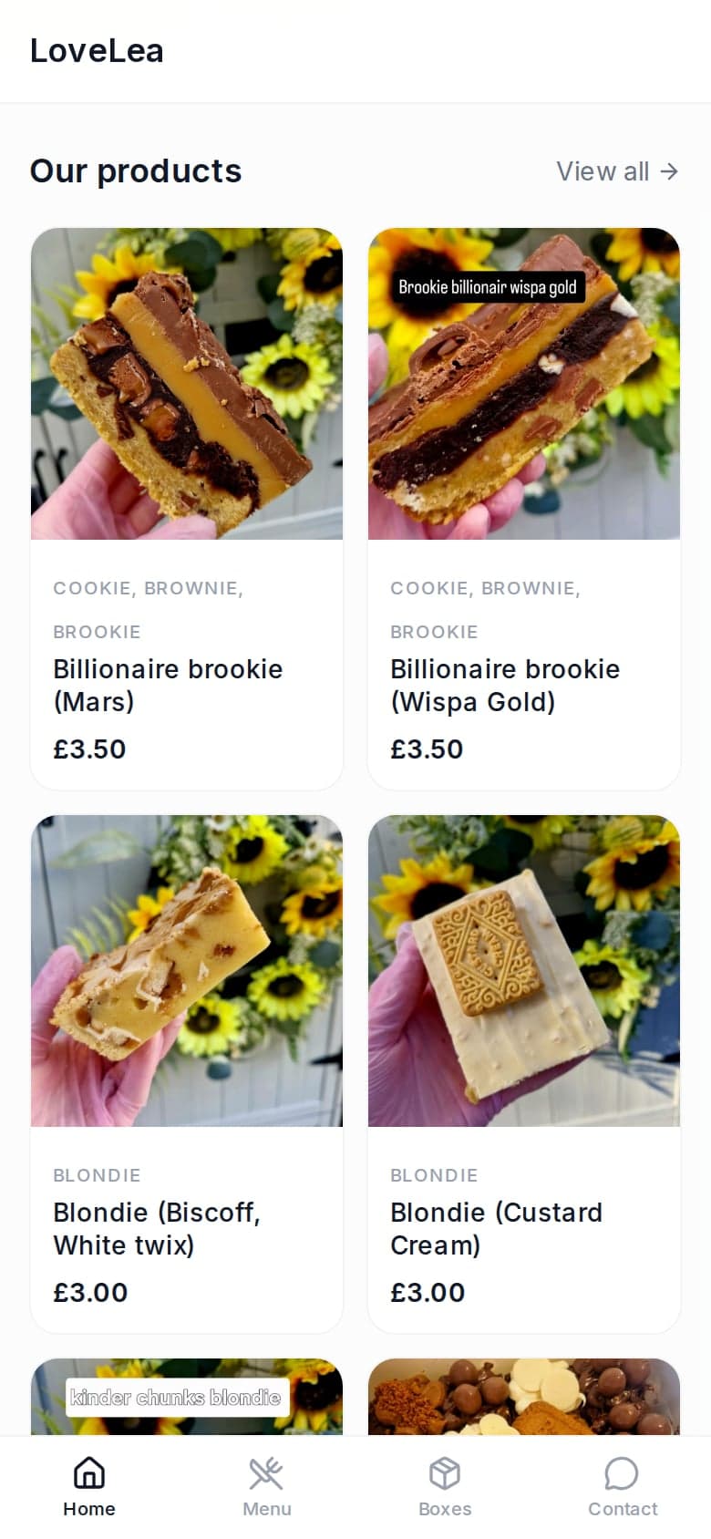 LoveLea Baking's shop page on a phone: a grid of their bakes with photos and prices