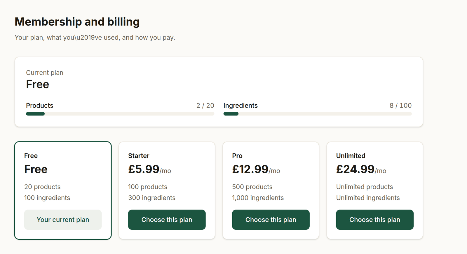 The Membership and billing page, showing the Free plan with 2 of 20 products and 8 of 100 ingredients used, and the four plan tiers