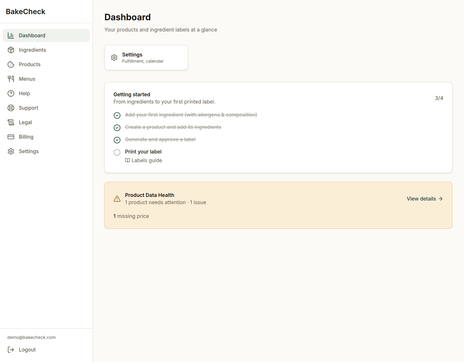 The BakeCheck dashboard, showing the Getting Started checklist with three of its four steps ticked off