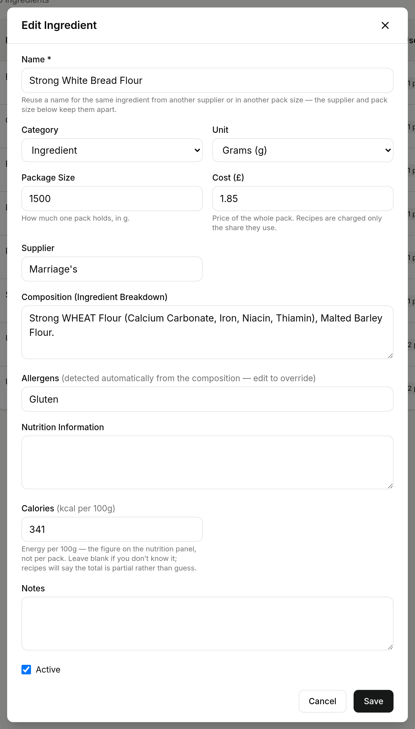 The Edit Ingredient form, with the composition filled in and Gluten detected in the allergens field