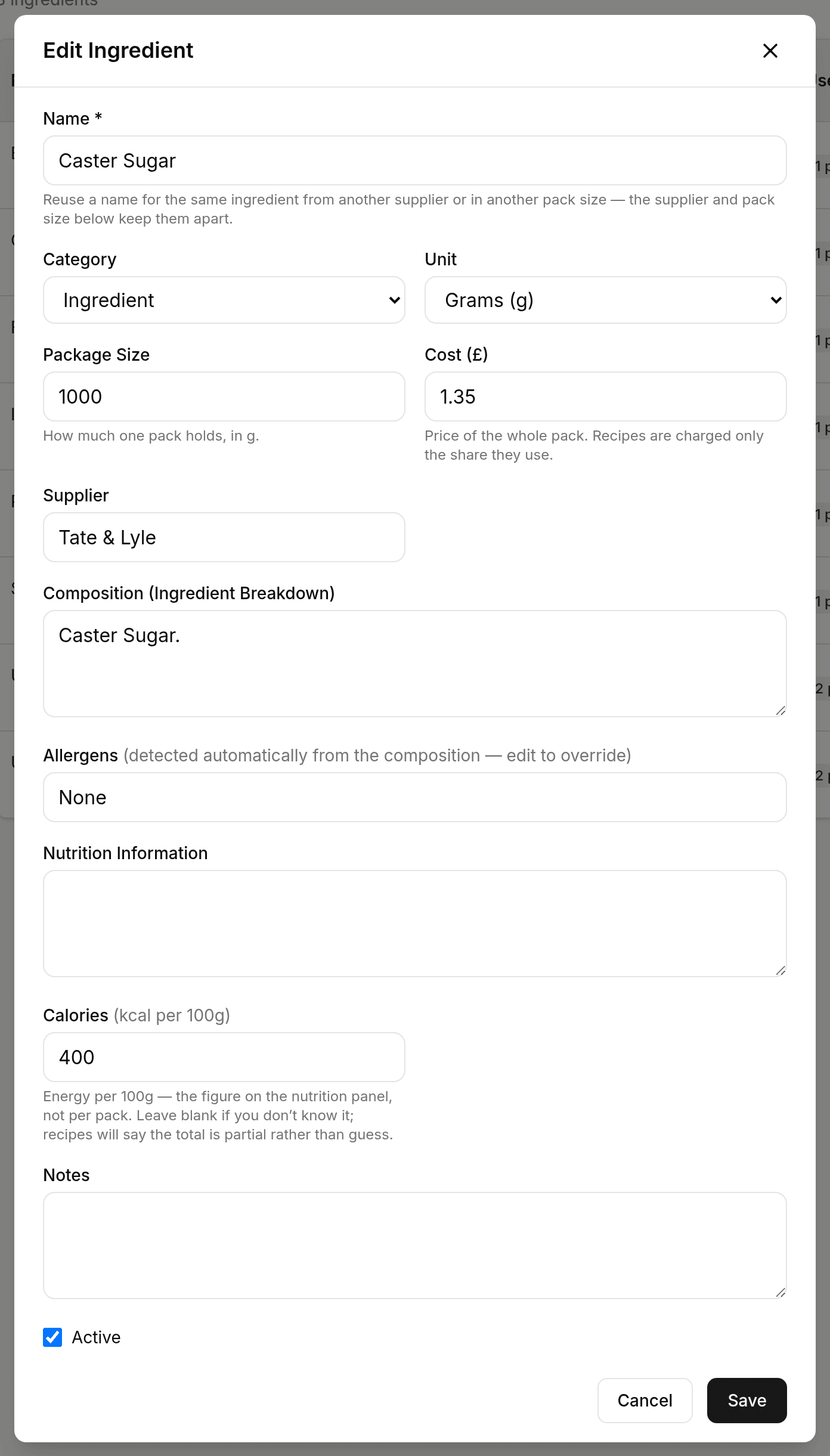 The Edit Ingredient form for caster sugar, with None entered in the allergens field