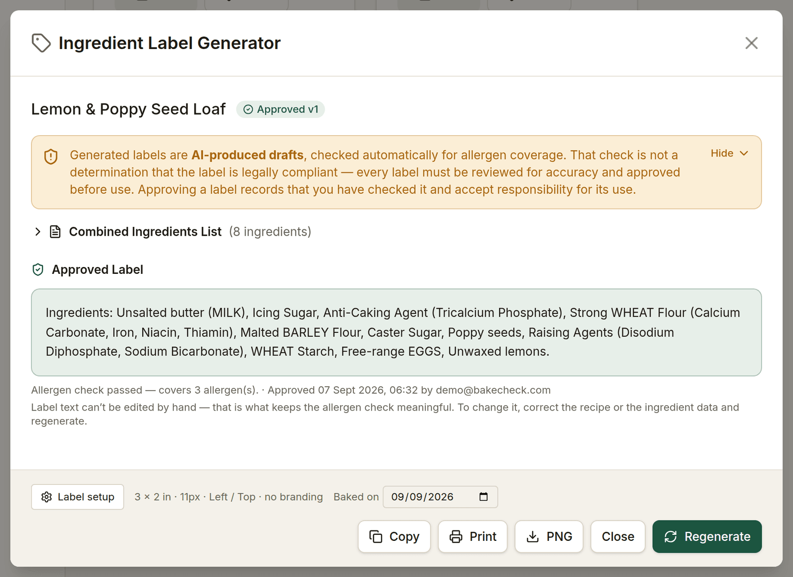 The Ingredient Label Generator, showing an approved v1 label whose declaration puts allergens in capitals