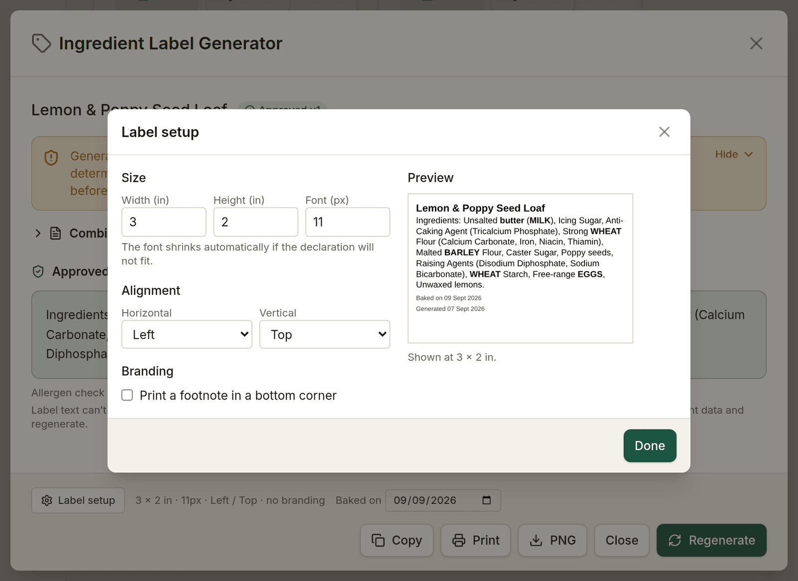 The Label setup dialog: size, alignment and branding controls on the left, a live preview of the printed label on the right
