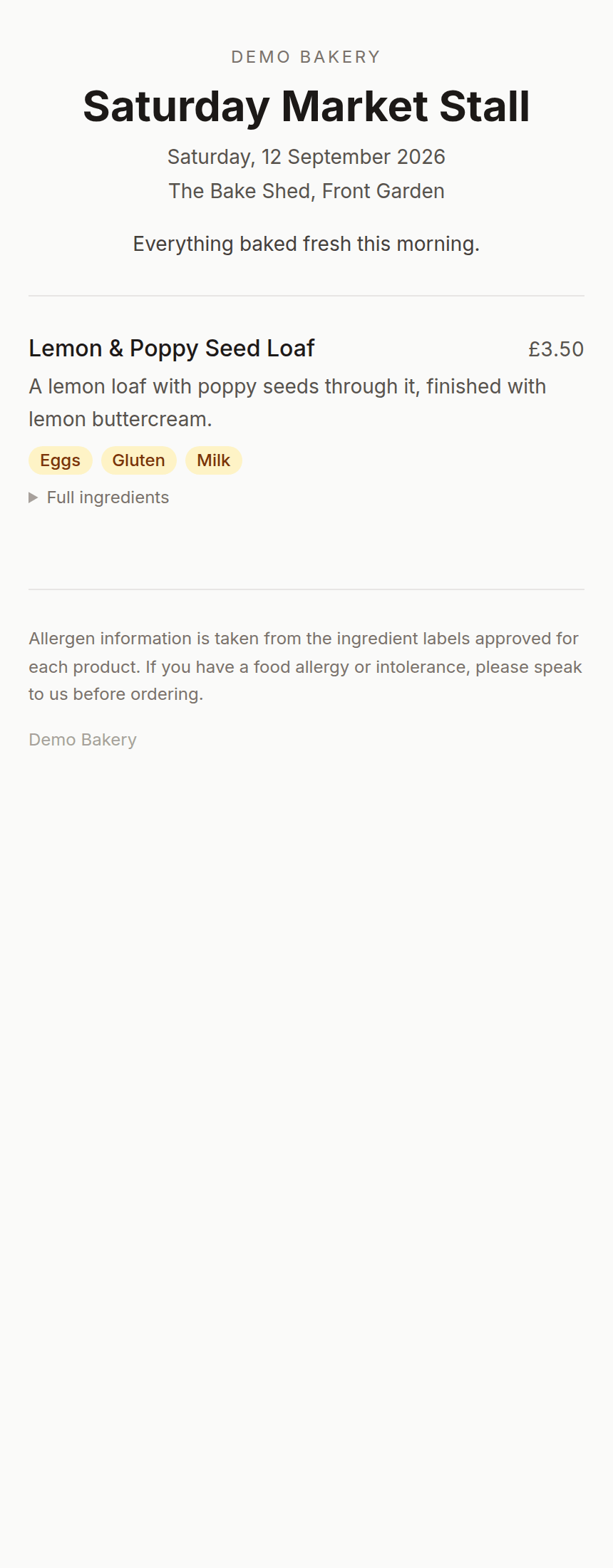The public menu page on a phone, showing one item with its price, allergen tags and a Full ingredients link
