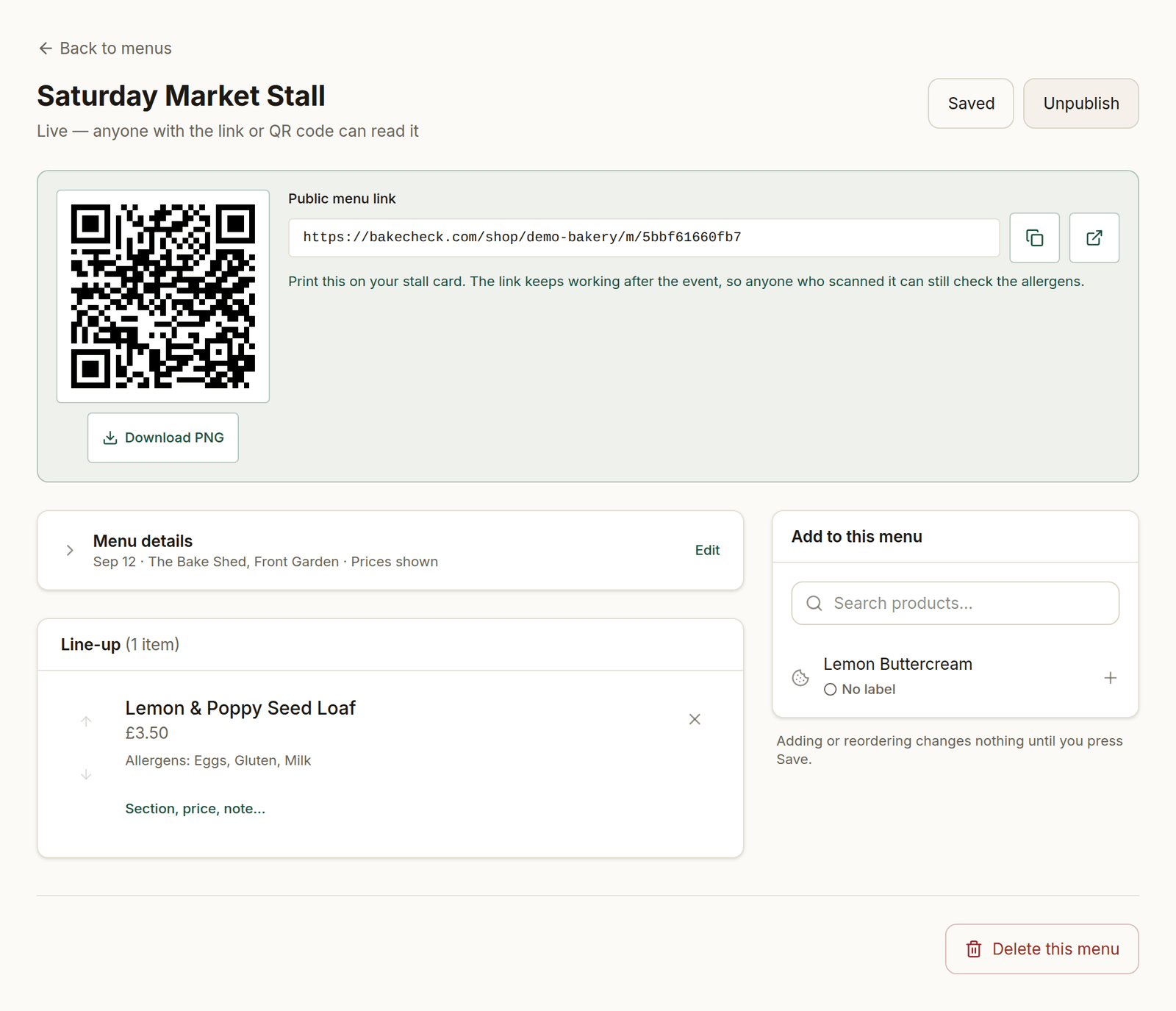 A published menu in the app, showing the live status, the public menu link, and the line-up with its allergens