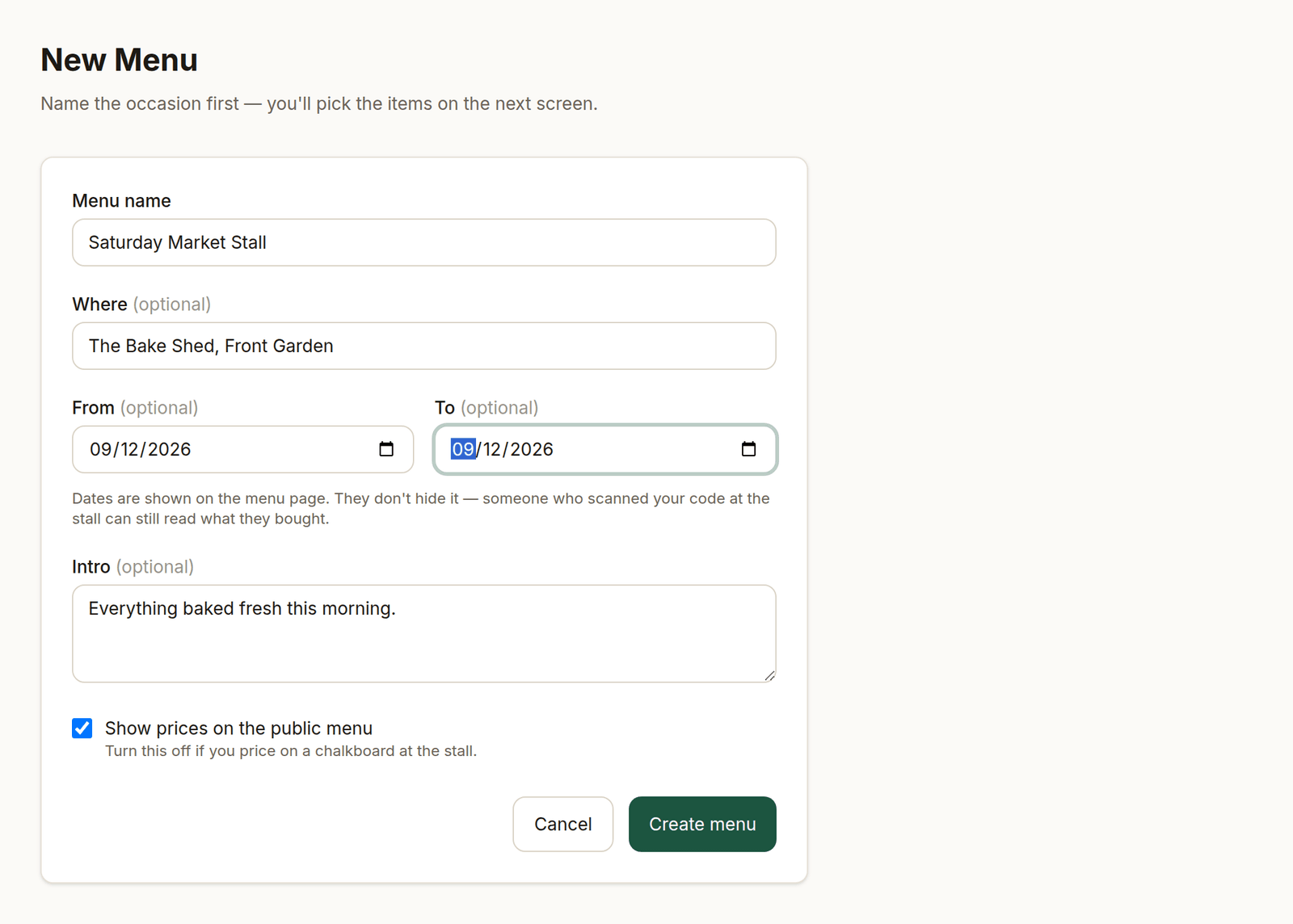 The New Menu form, with a name, location, dates and a short intro filled in