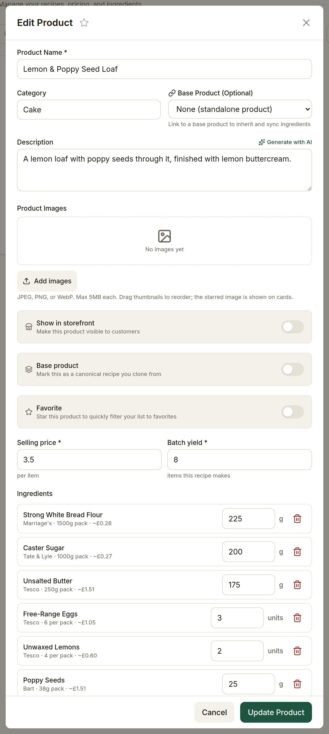 The top of the Edit Product form: name, category, base product, description and images
