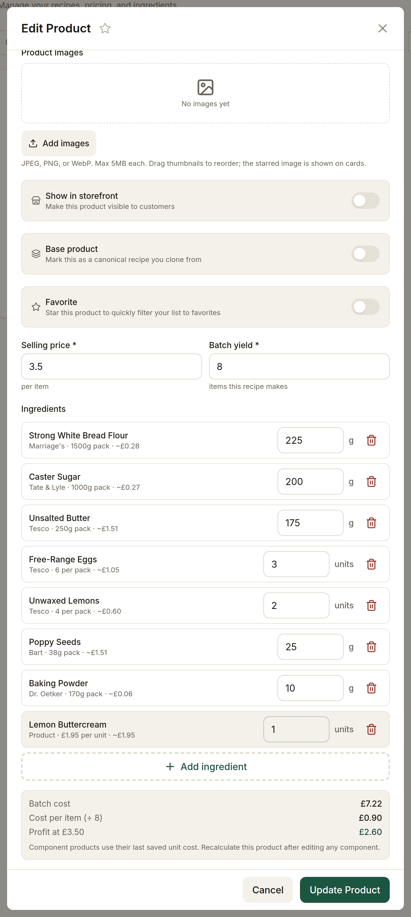 The recipe section of the product form: seven ingredient lines, a Lemon Buttercream component, and a batch cost summary