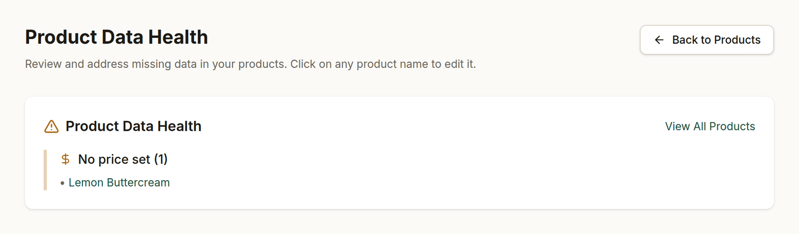 The Product Data Health page, listing products that need attention and why