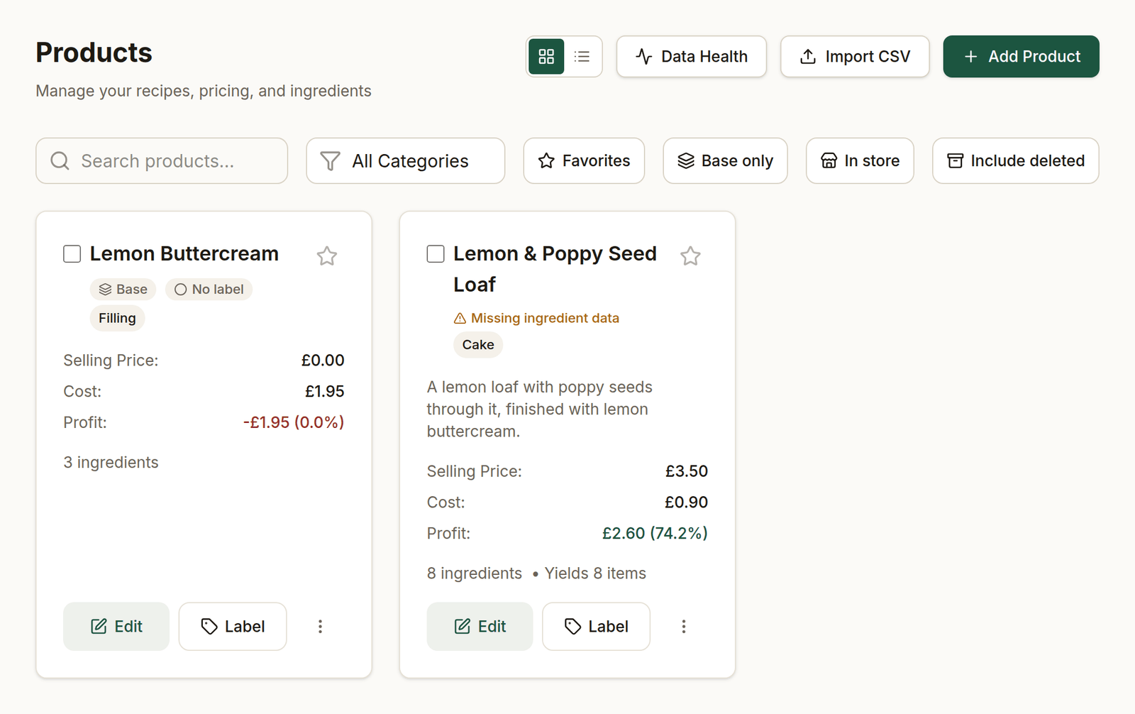 The Products page, showing two product cards with selling price, cost and profit
