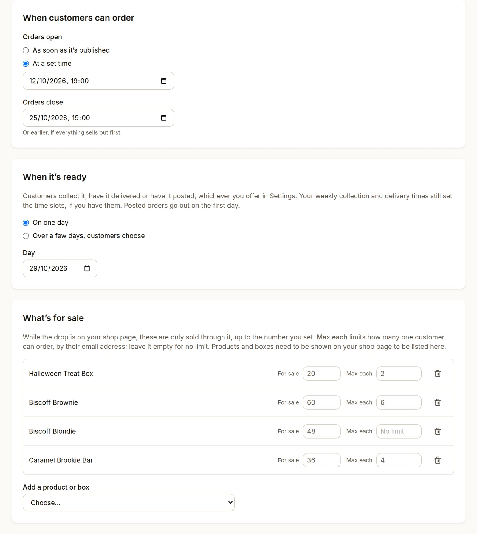 Setting up a drop: when orders open and close, the day it's ready, and each item's quantity and limit per customer