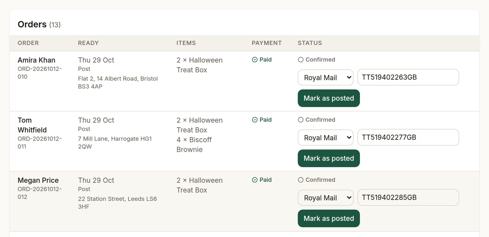 A drop's order list with a carrier and tracking number typed in against each posted order, and a Mark as posted button