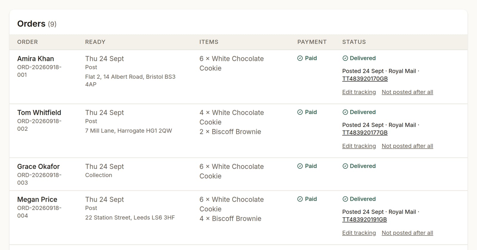 Posted orders showing the date posted, Royal Mail and a tracking number linked to the tracking page