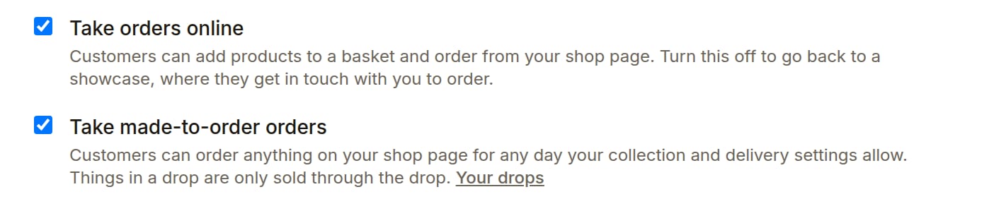 Shop page settings with two switches: Take orders online, and Take made-to-order orders