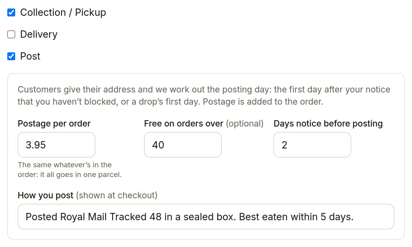 Post settings: postage per order £3.95, free on orders over £40, two days' notice before posting, and a note on how you post