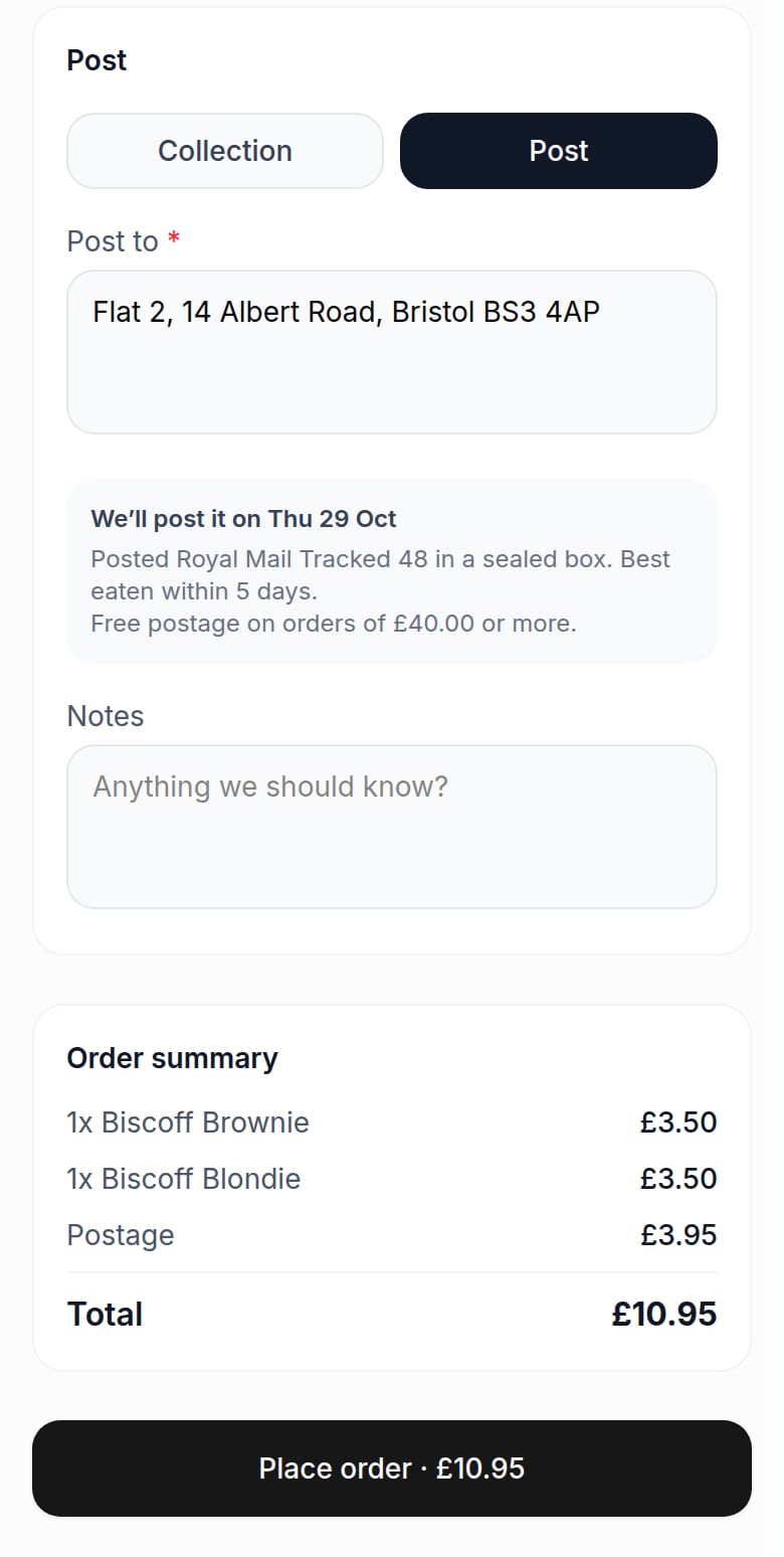 Checkout on a phone with post chosen: the address, the posting date, and postage of £3.95 added to the total