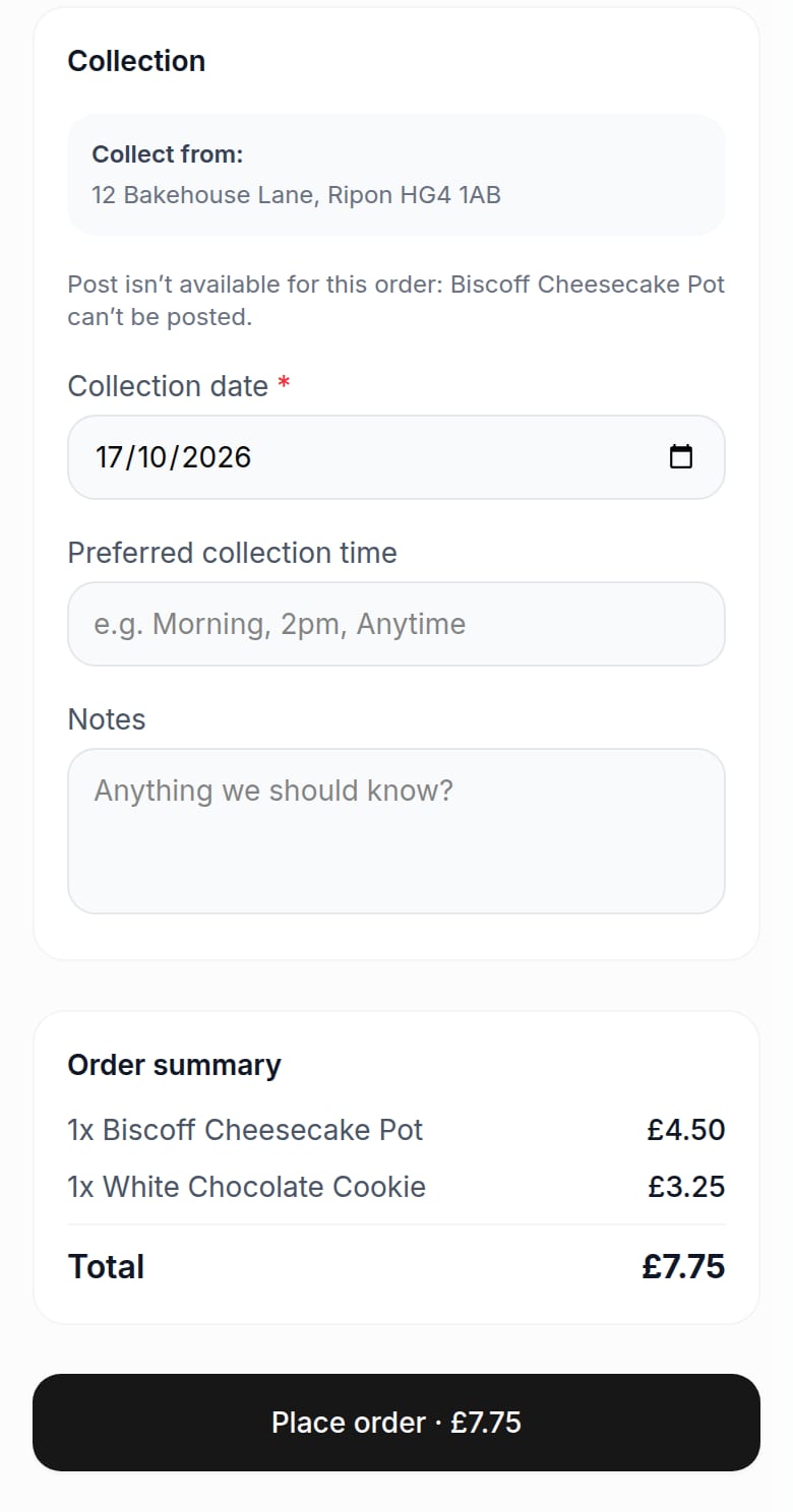Checkout on a phone saying post isn't available for this order because a cheesecake pot can't be posted