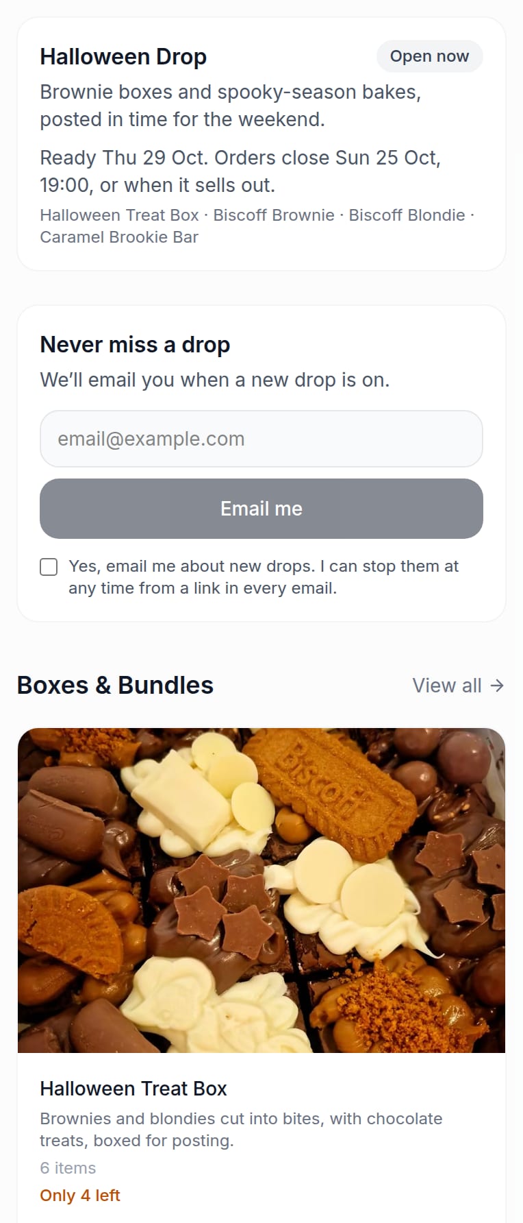 A drop on a bakery's shop page: open now, when it's ready and when orders close, with a sign-up for drop emails and a box showing only 4 left