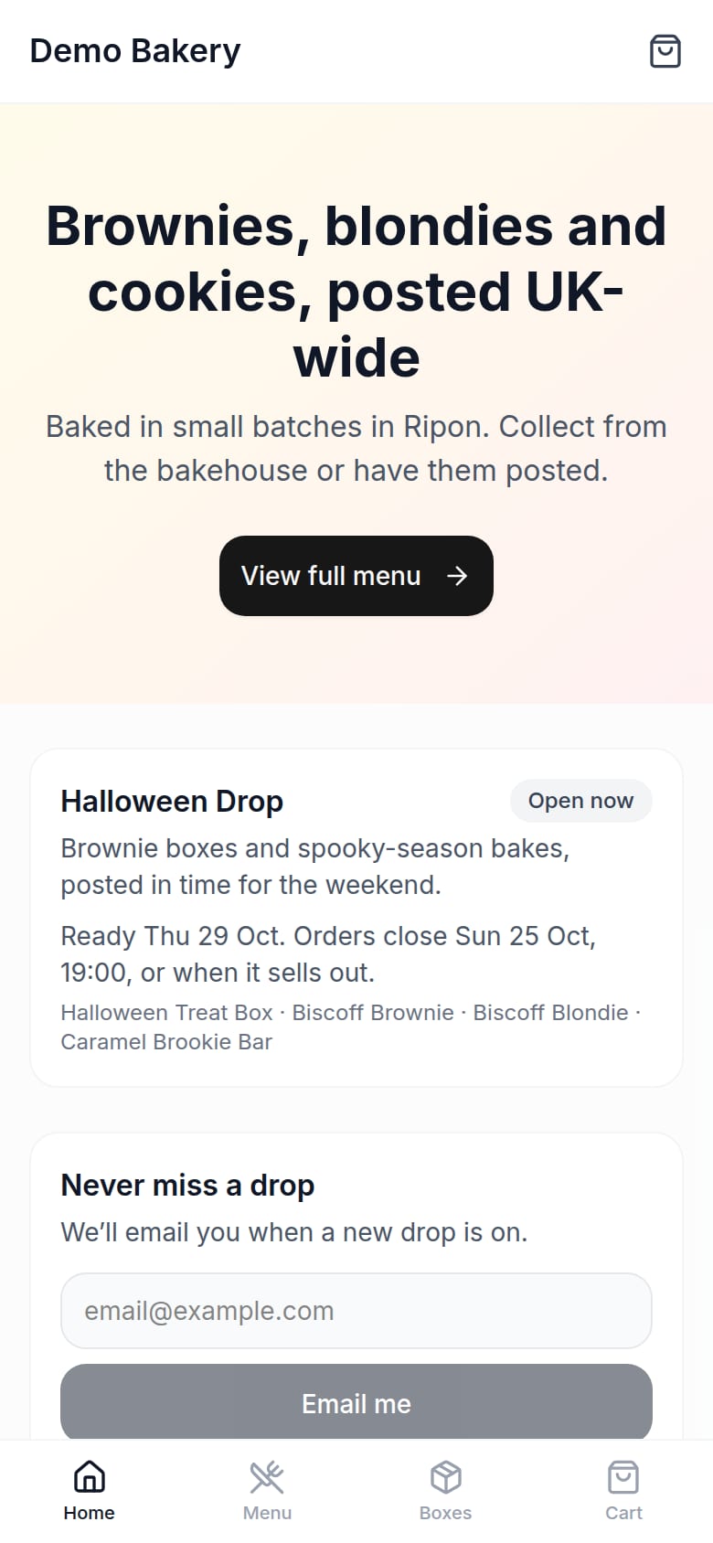 A bakery's shop page on a phone: a banner, a drop that's open now, and the bakes below it