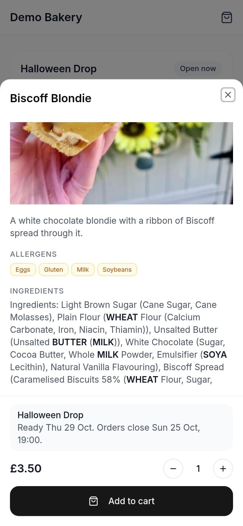 A product open on the shop page: a photo, the allergens eggs, gluten, milk and soybeans, and the full ingredient list with allergens in bold